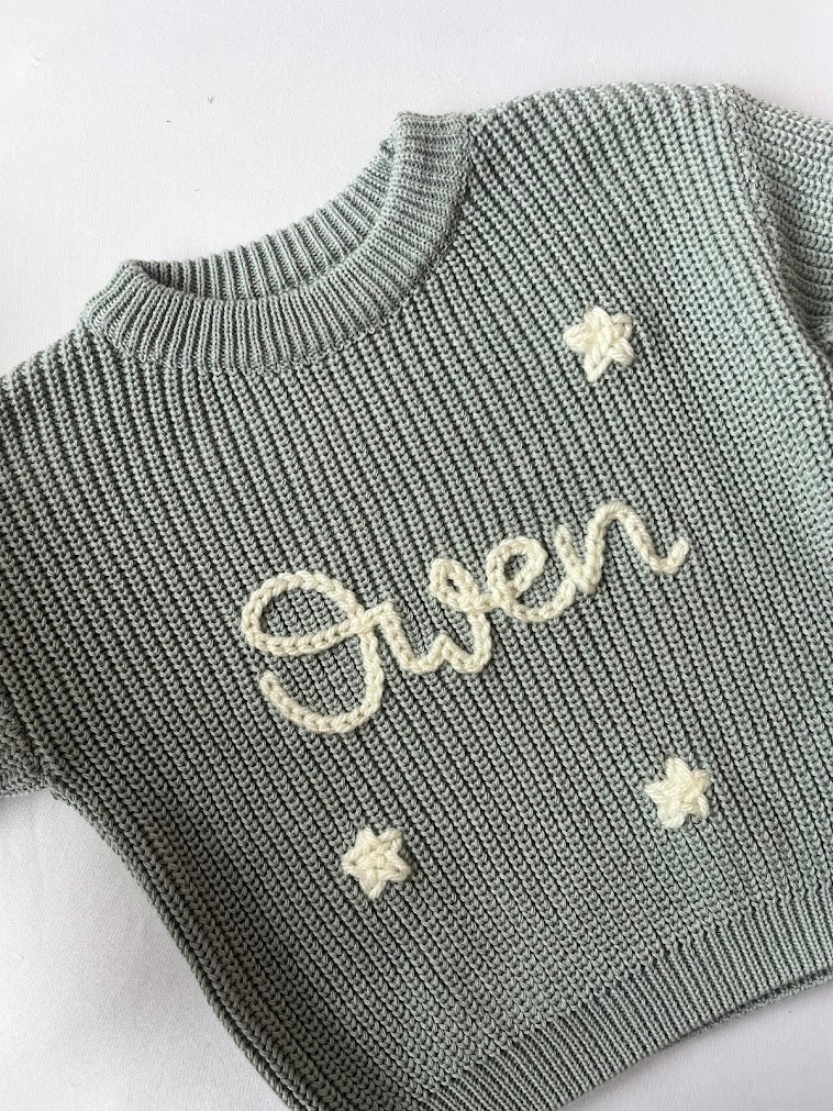 Hand Embroidered Name Jumper- Mist