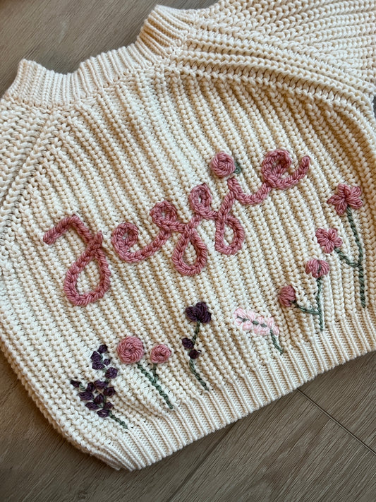 Hand Embroidered Baby Name Cardigan - Cream