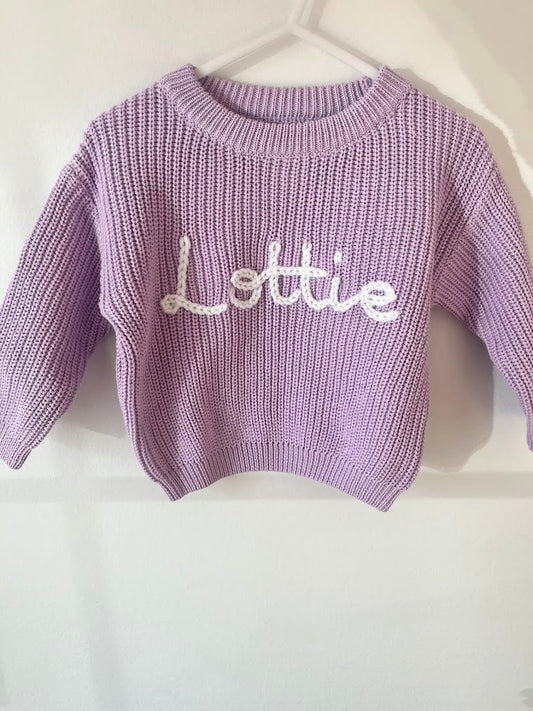 Hand Embroidered Name Jumper- Lilac